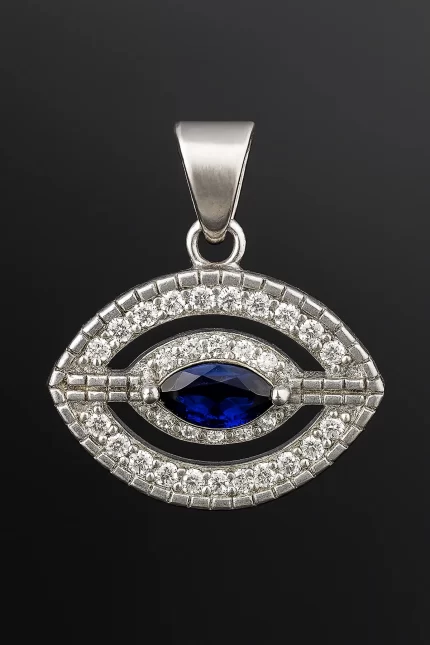 Silver Diamond Halo Eye Pendant With Chain For Women