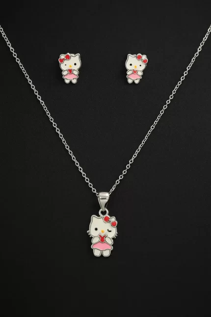 925 Silver Kids Kitty Pendant Set