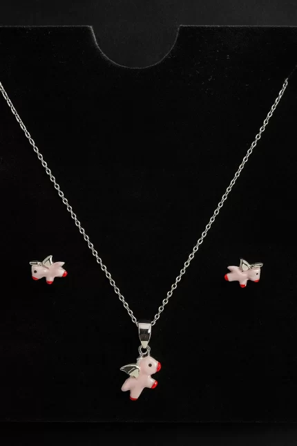 925 Silver Kids Pink Unicorn Pendant Set