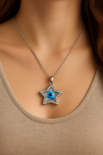 Silver Celestial Star Evil Eye Pendant With Chain For Women