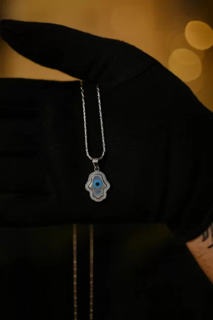 Silver Hamsa Hand Evil Eye Pendant With Chain For Women